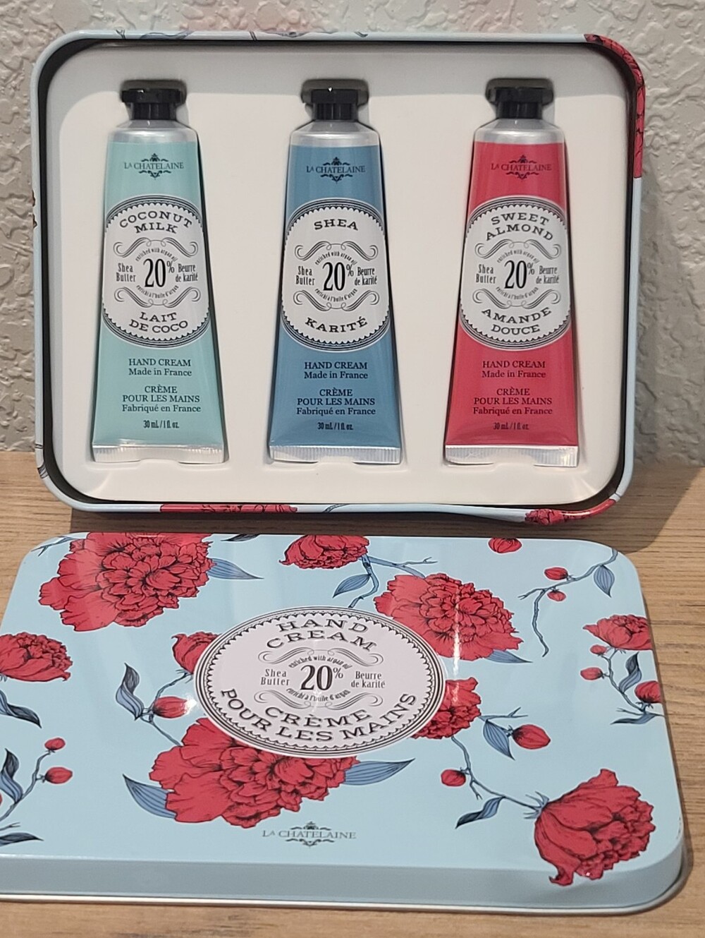 New La Chatelaine Hand Cream Trio Tin-Coconut Milk, Shea, Sweet Almond- 20% Shea